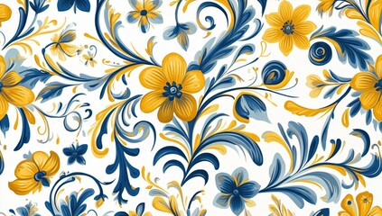 Floral, ornate pattern with yellow and blue flowers