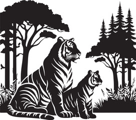 Black and white silhouette of a tiger walking with its tail curled