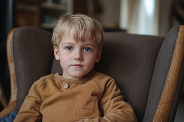 Young Caucasian boy sitting in a cozy chair, indoors.
