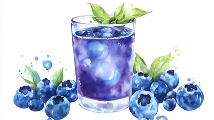 Watercolor illustration of non-alcoholic drinks on white background. Watercolor Illustration of Blueberry Juice.
