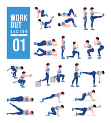 Women Workout Set. Women doing fitness and yoga exercises. Lunges, Pushups, Squats, Dumbbell rows, Burpees, Side planks, Situ ps, Glute bridge, Leg Raise, Russian Twist, Side Crunch .etc