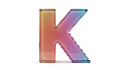 A 3D realistic sculpture of the letter K made of translucent colored glass, soft reflections and shadows, isolated on a white background