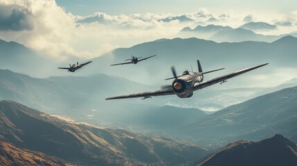 Fototapeta na wymiar Vintage warplanes soaring above mountainous terrain.