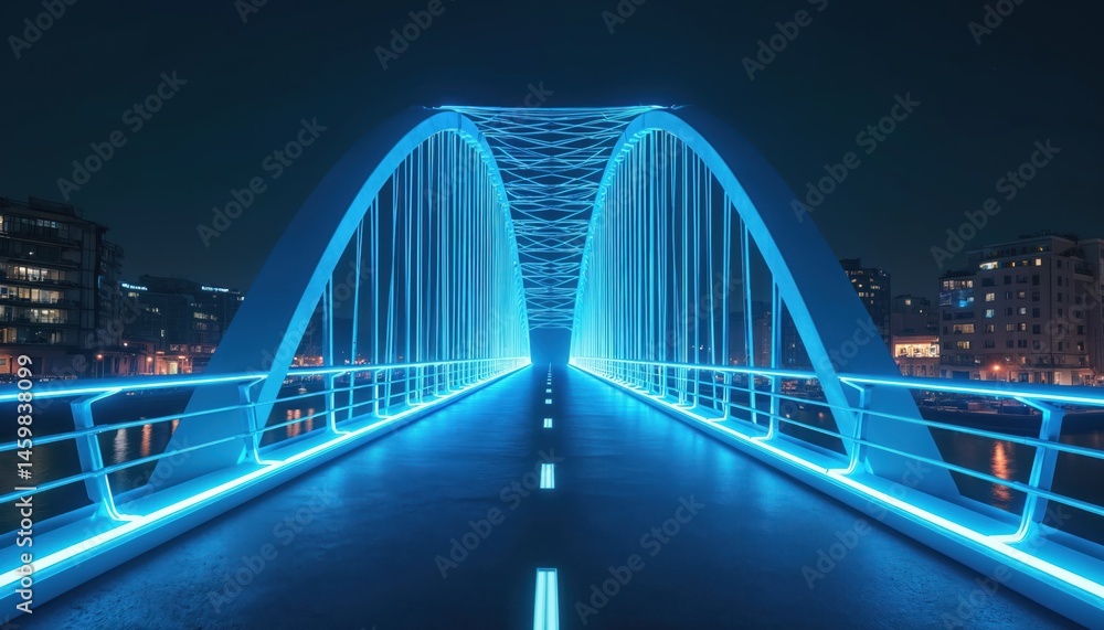 Aufkleber futuristic digital rendering of bridge at night. bridge glowing with vibrant blue lines. modern tech
