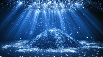 Glowing blue particles forming a hill under beams of light.
