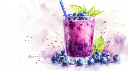 Watercolor illustration of non-alcoholic drinks on white background. Watercolor Illustration of Blueberry Juice.