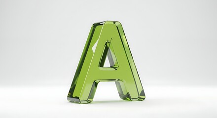 A 3D realistic sculpture of the letter A made of translucent colored glass, soft reflections and shadows, isolated on a white background