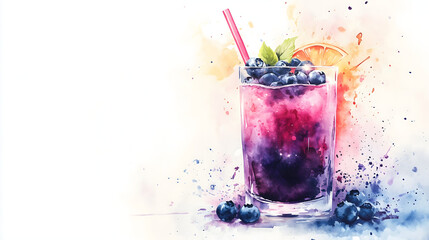 Watercolor illustration of non-alcoholic drinks on white background. Watercolor Illustration of Blueberry Juice.