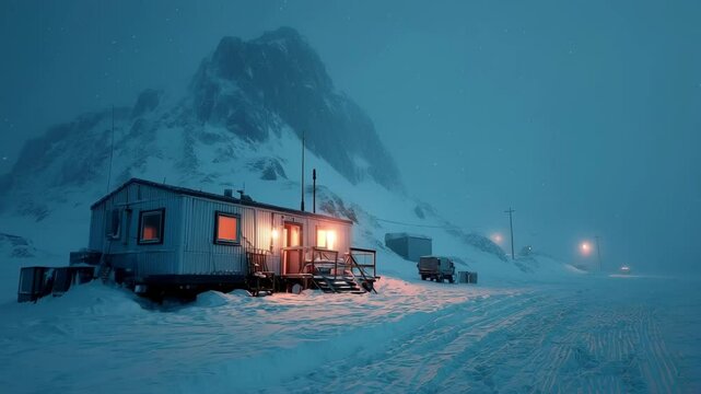 An isolated Arctic outpost glows in a snowstorm, with warm light emanating from its cabin. This harsh and remote winter environment, survival, energy independence, and resilience in cold extremes