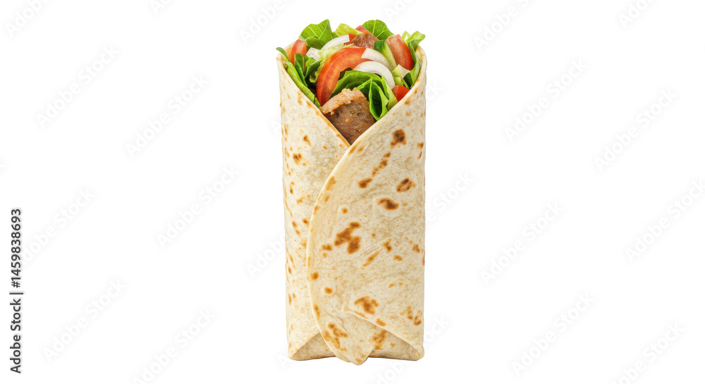 Poster a close up shot of a wrap filled with meat and vegetables on a white surface in vertical format view