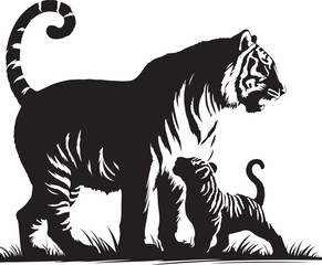 Black and white silhouette of a tiger walking with its tail curled