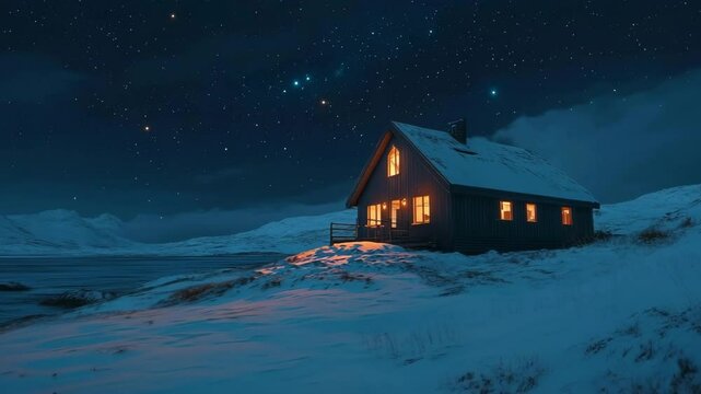 A remote Arctic cabin glows under a clear starry sky, surrounded by icy terrain. Powered by a micro-reactor, this isolated outpost symbolizes sustainability, warmth, and survival in harsh conditions.