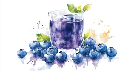 Watercolor illustration of non-alcoholic drinks on white background. Watercolor Illustration of Blueberry Juice.