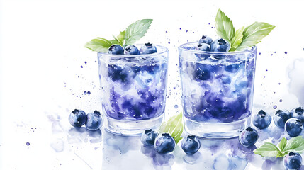 Watercolor illustration of non-alcoholic drinks on white background. Watercolor Illustration of Blueberry Juice.