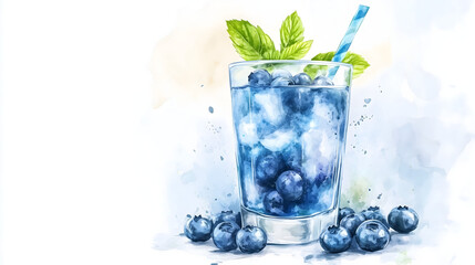 Watercolor illustration of non-alcoholic drinks on white background. Watercolor Illustration of Blueberry Juice.