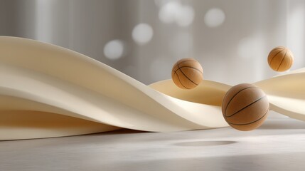 Floating Textured Spheres Above Beige Fabric