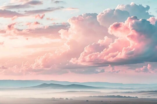 Serene pastel landscape with rolling misty hills and a dreamy sky of fluffy pink clouds