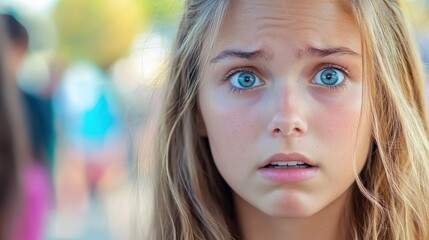 Obraz premium Close-up of worried girl's face hearing voices. Blurred person in the foreground illustration , no logos, no brands