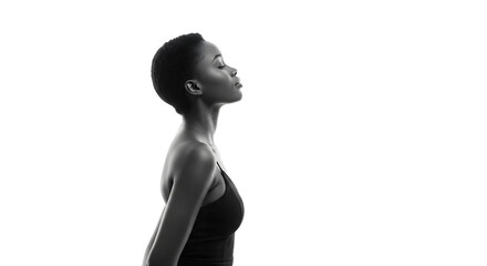 Profile portrait of a confident woman against a minimalist background, showcasing strength and elegance in her demeanor