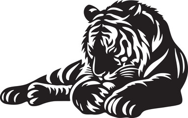 Black and white silhouette of a tiger walking with its tail curled