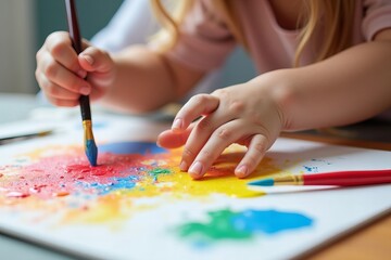 A vibrant masterpiece in the making: A close-up of a young child's hands holding colorful paintbrushes and creating art on canvas.
