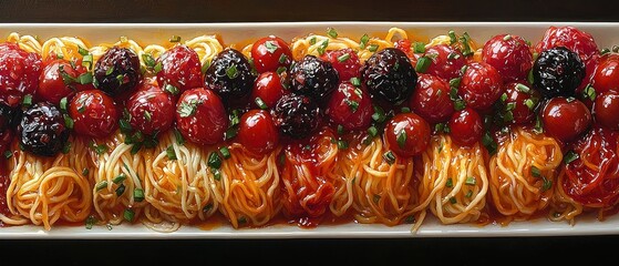 Close-up of pasta dish with blistered tomatoes, olives, and herbs