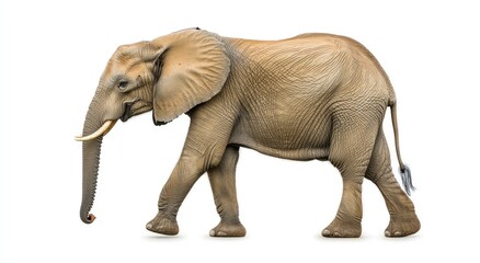 Fototapeta premium African elephant in profile view, walking towards the right. Large, light brownish gray skin, wrinkled and textured. Tusks, long trunk, and large feet are visible. Isolated on a white background