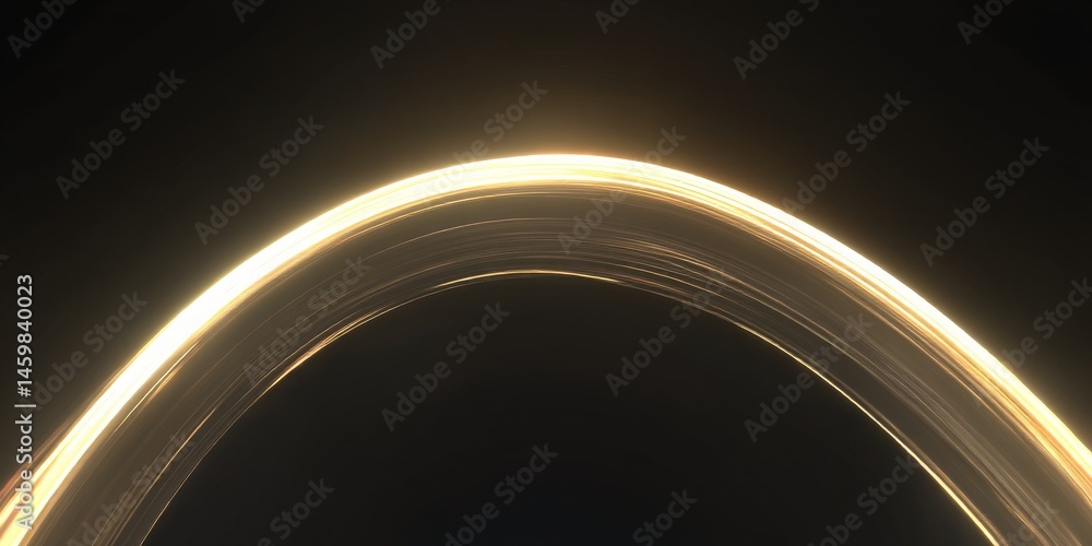 Poster luminous golden light ribbons arcing smoothly in a semi-circle over black background with fluid move