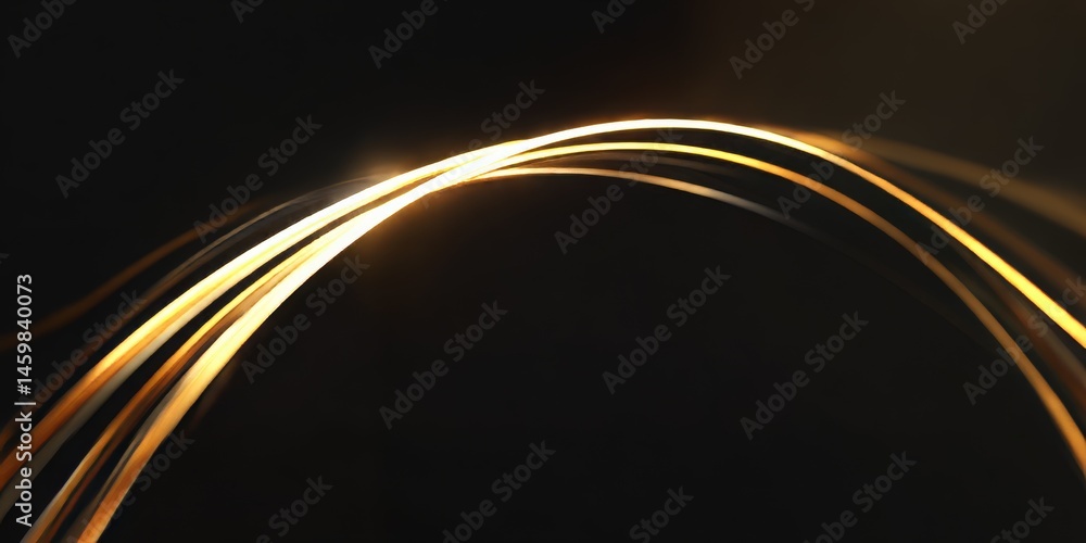 Poster luminous golden light ribbons arcing smoothly in a semi-circle over black background with fluid move