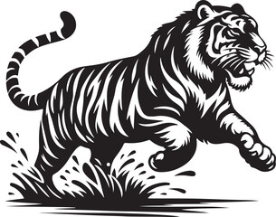 Black and white silhouette of a tiger walking with its tail curled