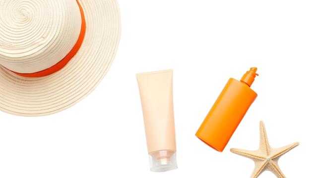 Summer beach essentials featuring a straw hat, sunscreen, and starfish, set against a vibrant background for vacation vibes