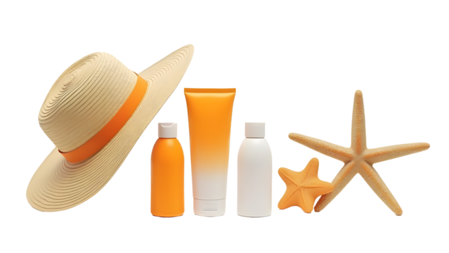 Summer essentials arranged with a sunhat, sunscreen, and starfish, evoking a beach vibe perfect for vacation promotions