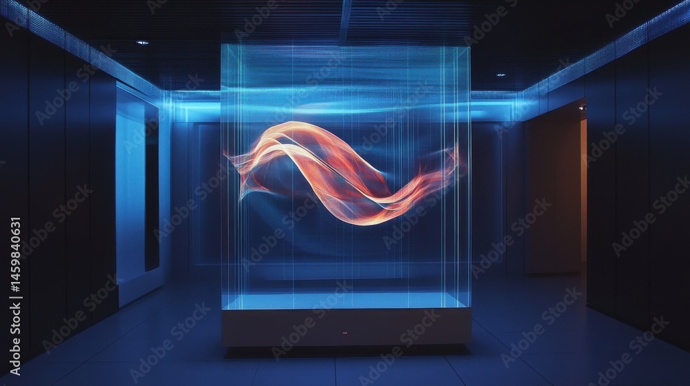 Aufkleber a holographic installation displaying a rotating abstract form suspended in mid-air.