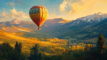 Naklejka premium Colorful hot air balloon soars over autumnal mountain valley.