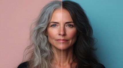 Fototapeta premium High contrast side by side portrait of an older woman with dark silver hair comparing natural aging and beauty in a professional and artistic photography study
