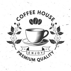 Coffee house. Vector illustration. Concept for cafe and restaurant logo, brand, label. Vintage Coffee House Logo with Cup, Beans and coffee tree branch