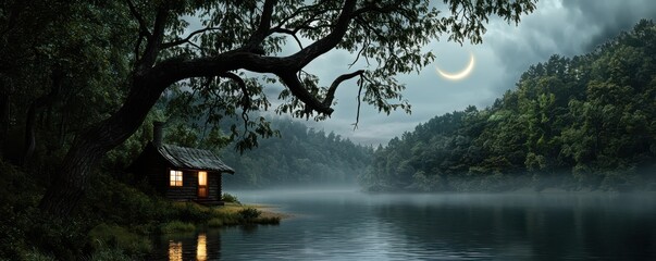 A cozy cabin glows by a misty lake under a crescent moon, surrounded by dense forest and a tranquil, dreamy nighttime atmosphere.