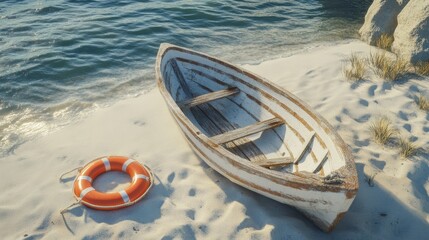 Fototapeta premium Beached boat life preserver and spyglass on the sandy shore