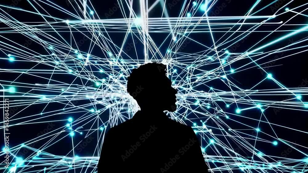 Aufkleber silhouette of person amidst dynamic digital network lines and data flow