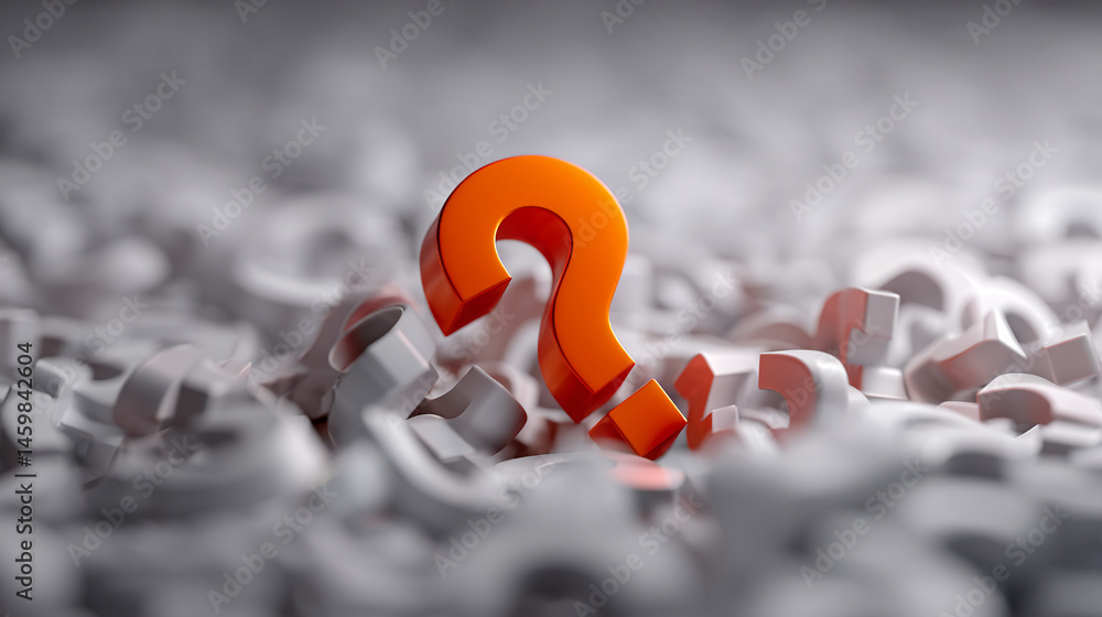 Aufkleber Orange question mark stands out among many white question marks, symbolizing unique solution or standing out from the crowd, ideal for problem-solving or decision-making concepts