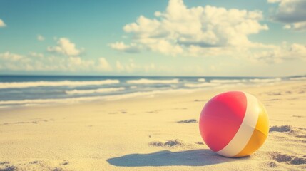 Obraz premium Beach ball on sandy shore near ocean.