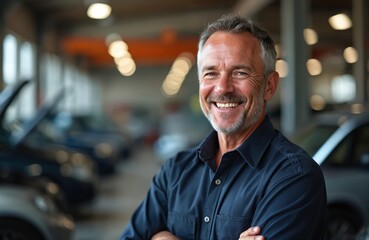 Smiling portrait of middle-aged car mechanic at workshop. Happy man in professional uniform with arms crossed. Automotive service technician stands near cars. Repair and maintenance concept.
