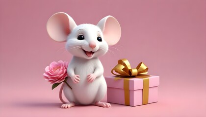 An adorable cartoon mouse with a pink flower and a present box against a pastel pink background.