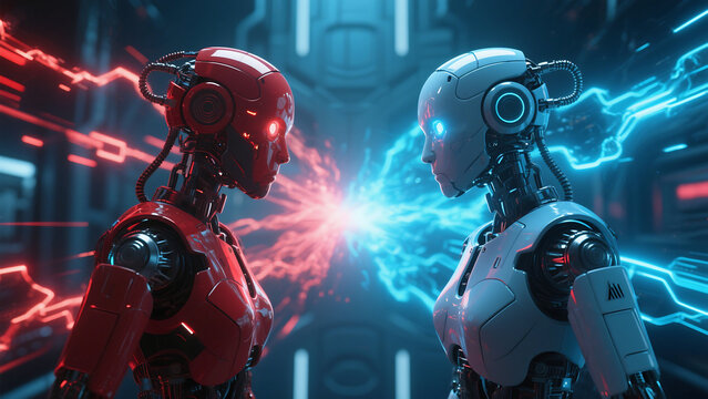 Two advanced robots face each other, representing artificial intelligence concepts, futuristic scenarios, and technological advancements, ai futuristic background