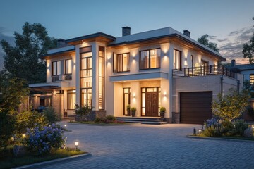Fototapeta premium Luxury modern house at dusk. Warm lighting illuminates the home's exterior, creating a welcoming atmosphere.