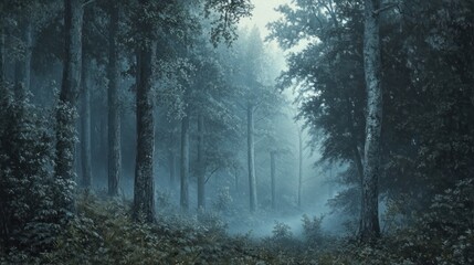 Fototapeta premium Misty forest path with tall trees and fog.