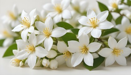 Fototapeta premium Close-up shot of pure white jasmine flowers with bright yellow centers and green leaves.