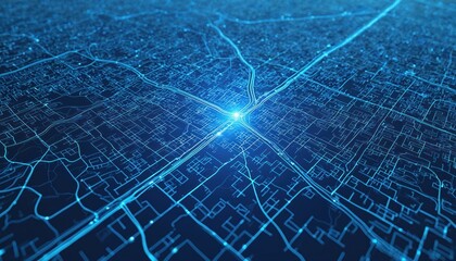 Fototapeta premium Abstract illustration of blue city map. Roads streets, buildings arranged in grid layout. Digital tech design with futuristic modern vibe suitable for digital concepts. Aerial view of city