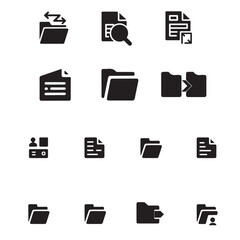 This set of 16 flat icons displays various file management operations, including opening, searching, transferring, and organizing files and folders. on white background