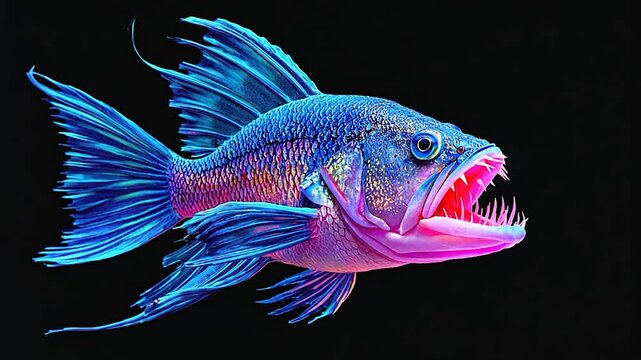 Vibrant digital illustration of a fantastical fish against a black background. Possible use in an advertisement, children's book, or for scientific illustration